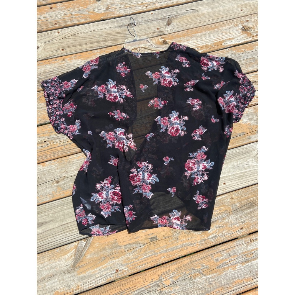 Maurices Womens Floral Sheer Kimono Wrap Black Pink Blue Chiffon L/XL - Picture 8 of 8